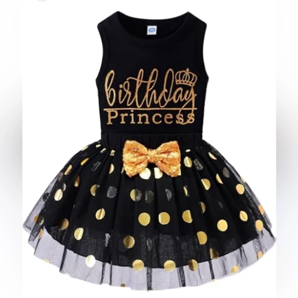 “Birthday Princess” Black & Gold 2 Piece Party Outfit - Size 140 (US 8-10) NWT